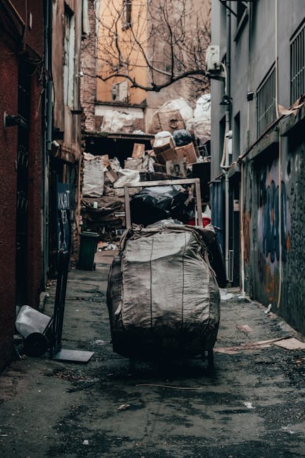 An alleyway scene showing a large, wheeled rubbish bin in the foreground, covered with a protective fabric and positioned on a dark, slightly wet pavement. Behind the bin, a densely piled accumulation